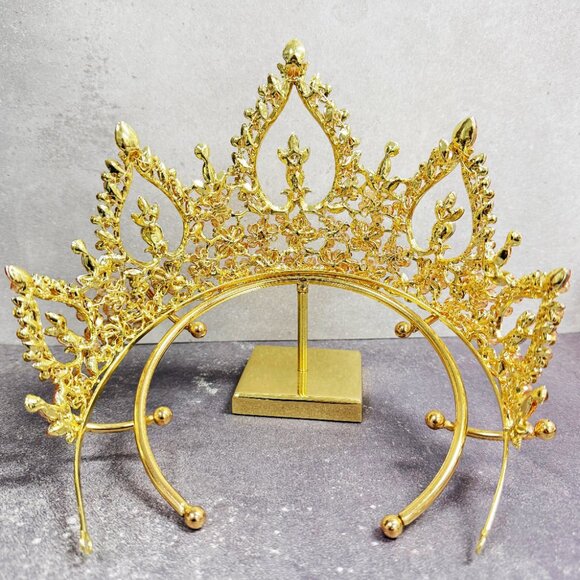 Bridal Tiara Crown, Gold Crystal Beaded Headpiece, Gold Pageant Crown - Picture 7 of 8